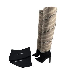 Saint Laurent Tanger Ikat Black Suede Thigh High Heeled Boots 40.5 EU
